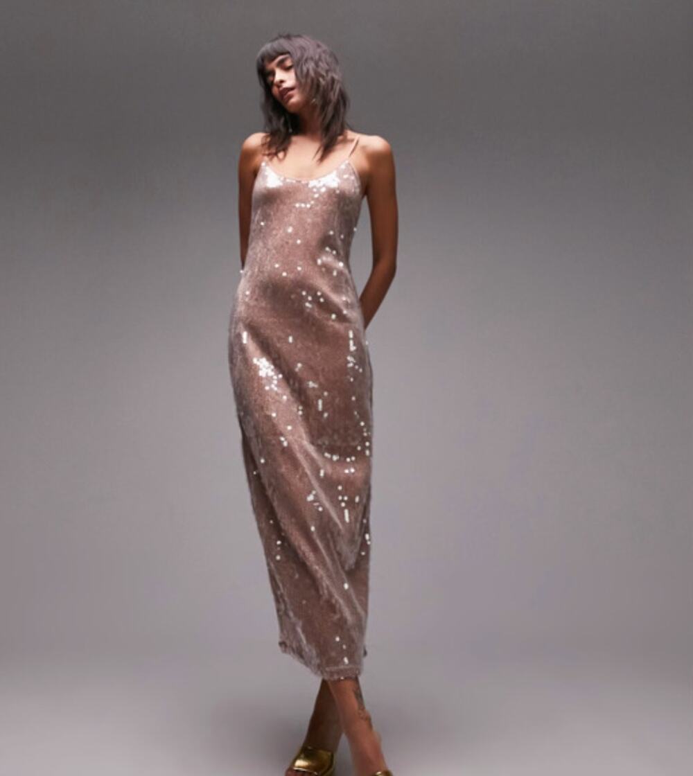 Topshop Rose Gold Sequin Midi Slip Dress